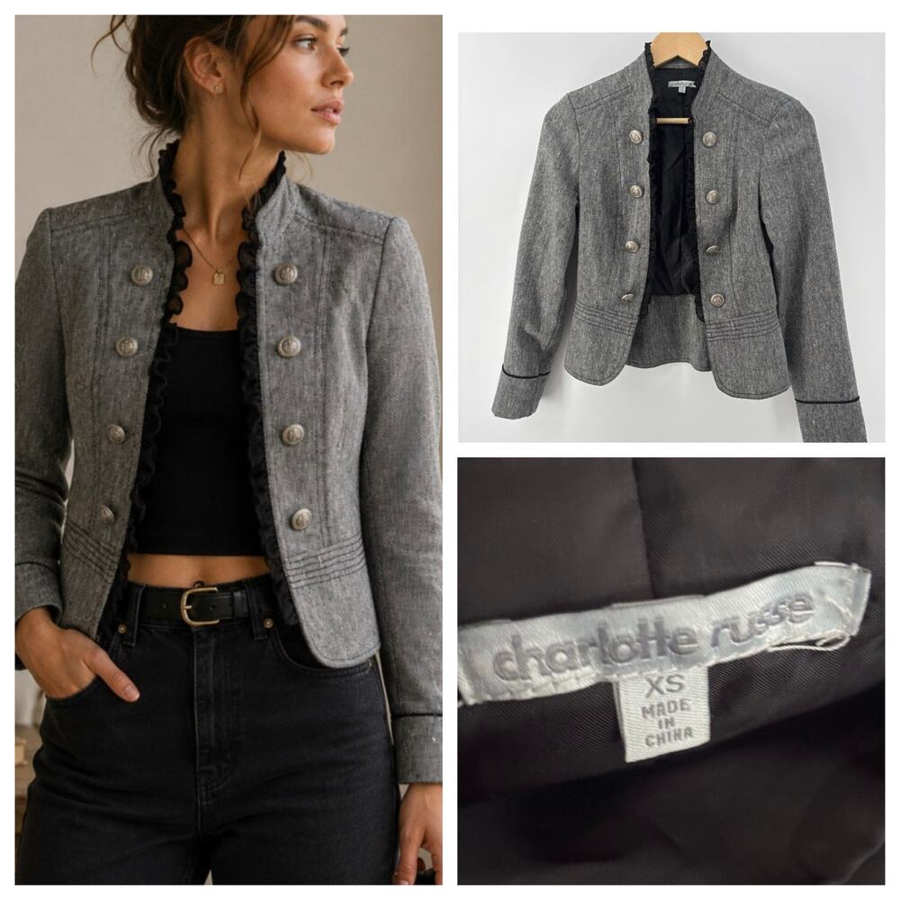 Military Style Open Front Ruffle Blazer Jacket XS Dark Academia Marching Band
